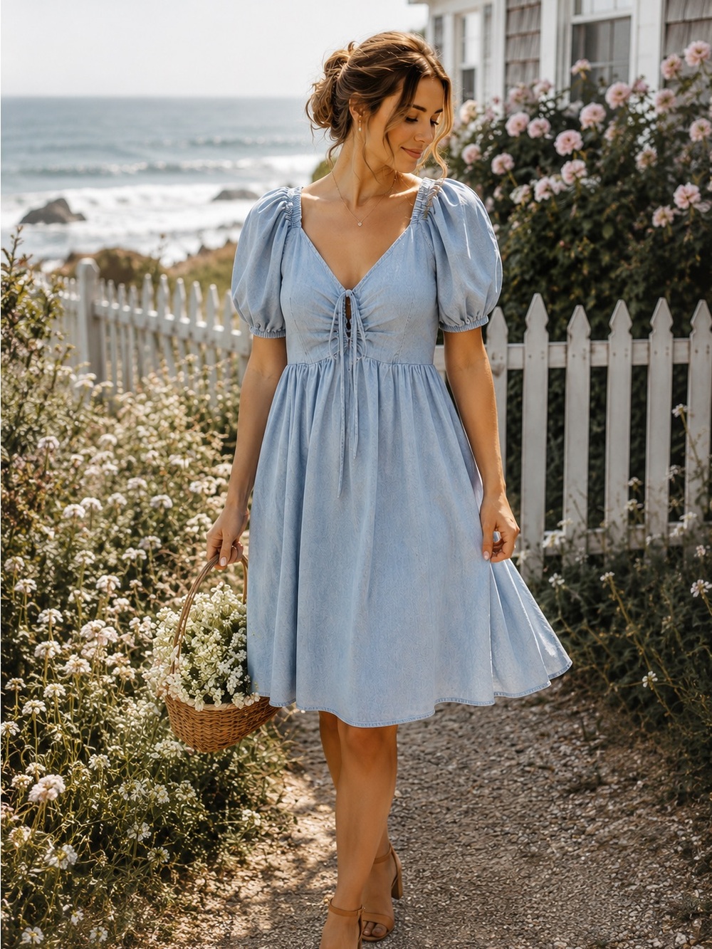 Eloquii Puff Sleeve Denim Babydoll Dress Cottagecore 16